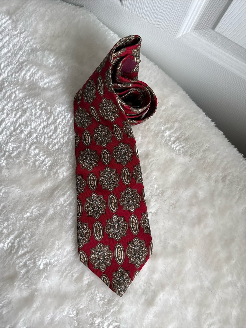 Vintage Christian Dior Monsieur Silk Tie Red Medallion Geometric Necktie